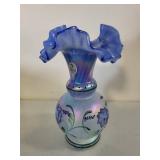 Fenton Blue Iridescent Handpainted Glass Vase with Ruffled Edge