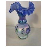 Fenton Blue Iridescent Handpainted Glass Vase with Ruffled Edge