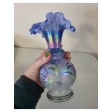 Fenton Blue Iridescent Handpainted Glass Vase with Ruffled Edge