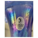 Fenton Blue Iridescent Handpainted Glass Vase with Ruffled Edge