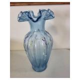Hand-Painted Blue Glass Vase with Floral Design