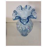 Hand-Painted Blue Glass Vase with Floral Design