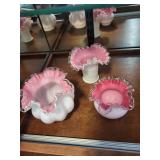 Set of 3 Pink and White Ruffled Edge Glass Vases and Bowl