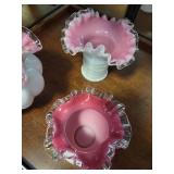 Set of 3 Pink and White Ruffled Edge Glass Vases and Bowl