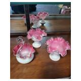 Set of 3 Pink and White Ruffled Art Glass Bowls and Basket