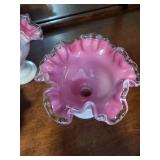 Set of 3 Pink and White Ruffled Art Glass Bowls and Basket