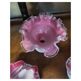 Set of 3 Pink and White Ruffled Art Glass Bowls and Basket