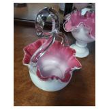 Set of 3 Pink and White Ruffled Art Glass Bowls and Basket