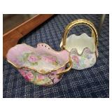 Pair of Hand-Painted Porcelain Bowls with Floral and Gold Accents