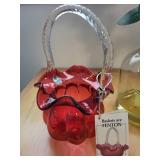 Fenton Handmade Red Glass Basket with Twisted Clear Handle