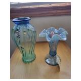 Set of 2 Art Glass Vases - Fenton Opalescent and Floral Hand Painted
