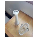 White Embossed Glass Vase and Clear Glass Basket Set
