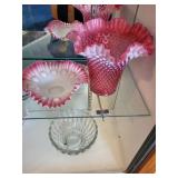Fenton Pink Hobnail Glass Vase, Ruffled Bowl, and Clear Crystal Bowl Collection