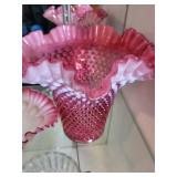 Fenton Pink Hobnail Glass Vase, Ruffled Bowl, and Clear Crystal Bowl Collection