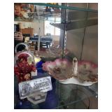 Fenton Handpainted Red Glass Basket and Floral Porcelain Divided Dish