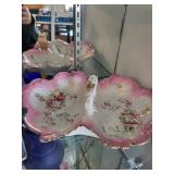 Fenton Handpainted Red Glass Basket and Floral Porcelain Divided Dish