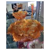 Vintage Carnival Glass Bowl and Vase Set with Embossed Patterns