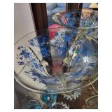 Blue Floral Glass Bowl with 4 Small Glasses and Basket