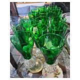 Set of 12 Vintage Green Glass Goblets with Clear Bases