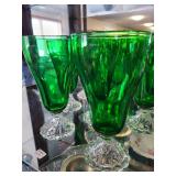 Set of 12 Vintage Green Glass Goblets with Clear Bases