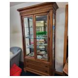 Wood and Glass Curio Display Cabinet with Double Doors and Drawers