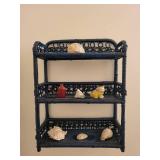 Blue Wicker 3-Tier Wall Shelf with Decorative Shells and Figurines