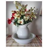 Porcelain Wash Basin and Pitcher Set with Artificial Flowers