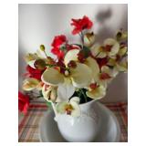 Porcelain Wash Basin and Pitcher Set with Artificial Flowers