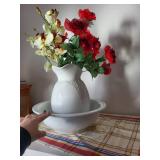 Porcelain Wash Basin and Pitcher Set with Artificial Flowers
