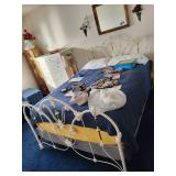 Ornate White Metal Queen Bed Frame with Brass Accents