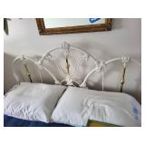 Ornate White Metal Queen Bed Frame with Brass Accents