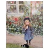 Framed Print of Girl with Cat by Garden, Up North Gallery Matting, 32x27 Inches