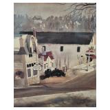 Framed Winter Village Watercolor Print Signed by Topp