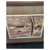 Framed Winter Village Watercolor Print Signed by Topp