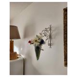 Wall-Mounted Decorative White Metal Bracket with Glass Vase and Faux Flowers