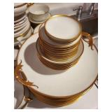 Antique Porcelain Dinnerware Set with Gold Trim and Serving Pieces