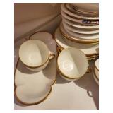 Antique Porcelain Dinnerware Set with Gold Trim and Serving Pieces