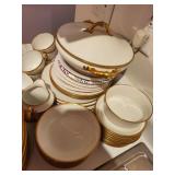 Antique Porcelain Dinnerware Set with Gold Trim and Serving Pieces