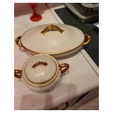 Antique Porcelain Dinnerware Set with Gold Trim and Serving Pieces