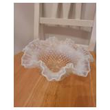 Pair of Vintage Fenton White Opalescent Glass Bowls with Ruffled Edges