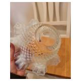 Pair of Vintage Fenton White Opalescent Glass Bowls with Ruffled Edges