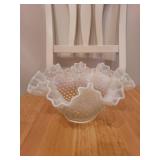 Pair of Vintage Fenton White Opalescent Glass Bowls with Ruffled Edges