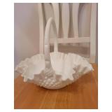 Vintage White Hobnail Milk Glass Basket with Ruffled Edge