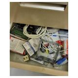 Assorted Workshop Drawer Lot with Clamps, Cords, and Hardware