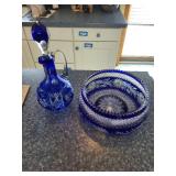 Pair of Cobalt Blue Cut to Clear Crystal Decanter and Bowl