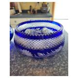 Pair of Cobalt Blue Cut to Clear Crystal Decanter and Bowl