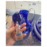 Pair of Cobalt Blue Cut to Clear Crystal Decanter and Bowl