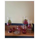 Set of 7 Cranberry Glass Pitchers, Basket, Bowls, and Hurricane Vases