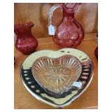 Set of 7 Cranberry Glass Pitchers, Basket, Bowls, and Hurricane Vases