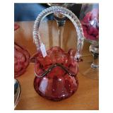 Set of 7 Cranberry Glass Pitchers, Basket, Bowls, and Hurricane Vases